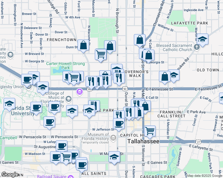map of restaurants, bars, coffee shops, grocery stores, and more near 371 Highway 10 in Tallahassee