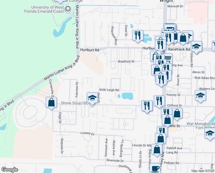 map of restaurants, bars, coffee shops, grocery stores, and more near 239 Vicki Leigh Road in Fort Walton Beach