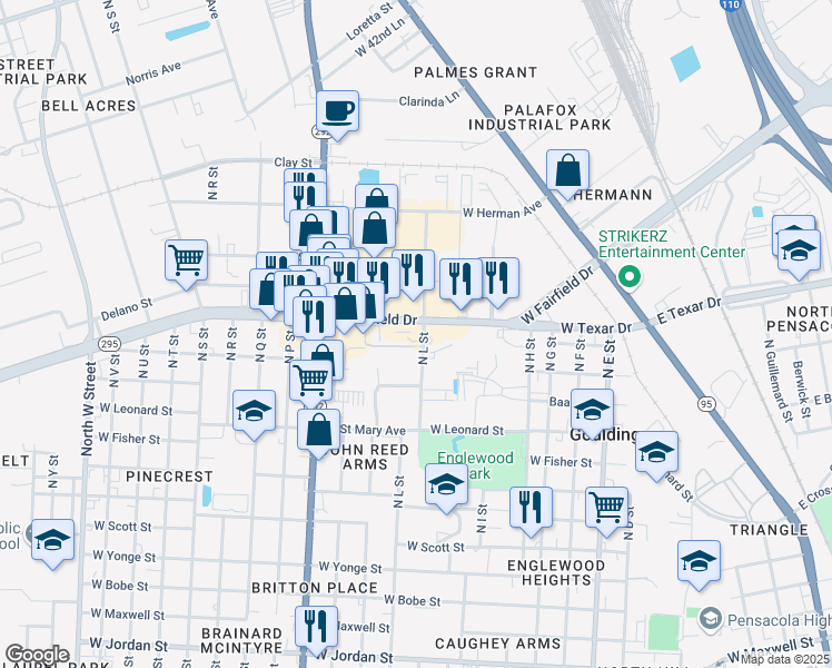 map of restaurants, bars, coffee shops, grocery stores, and more near 3106-3150 North L Street in Pensacola