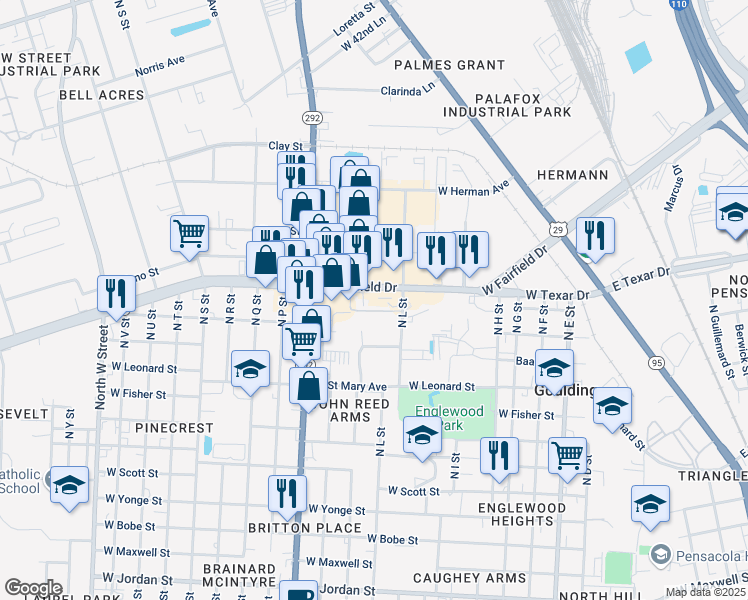 map of restaurants, bars, coffee shops, grocery stores, and more near 1711 South Fairfield Drive in Pensacola