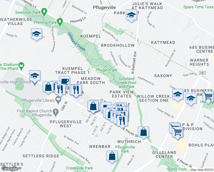 map of restaurants, bars, coffee shops, grocery stores, and more near 500 Sophie Court in Pflugerville
