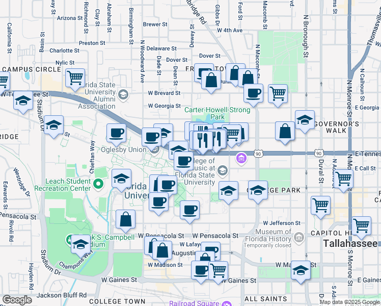map of restaurants, bars, coffee shops, grocery stores, and more near in Tallahassee