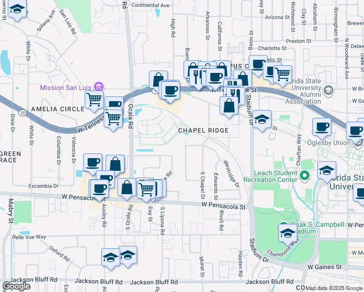 map of restaurants, bars, coffee shops, grocery stores, and more near 227 Westminster Drive in Tallahassee