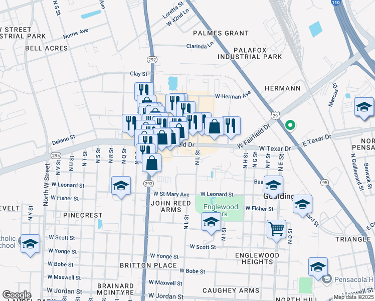 map of restaurants, bars, coffee shops, grocery stores, and more near 1711 West Fairfield Drive in Pensacola