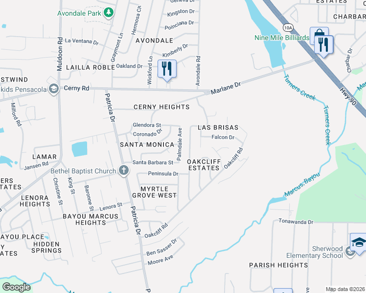 map of restaurants, bars, coffee shops, grocery stores, and more near 3201 Palmdale Avenue in Pensacola