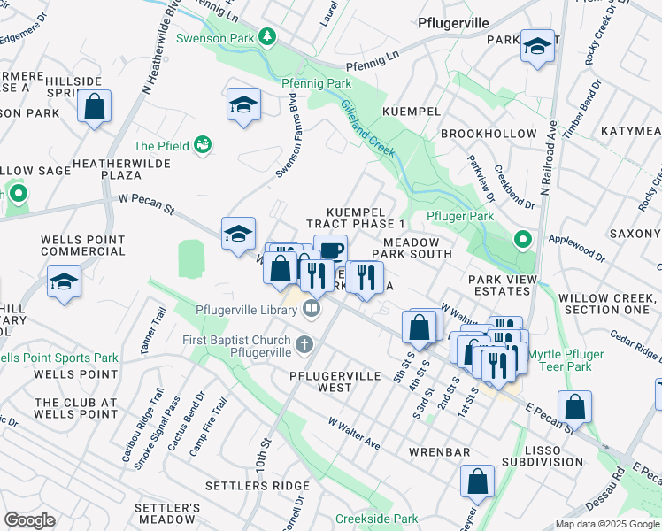 map of restaurants, bars, coffee shops, grocery stores, and more near 200 Meadow Lane in Pflugerville