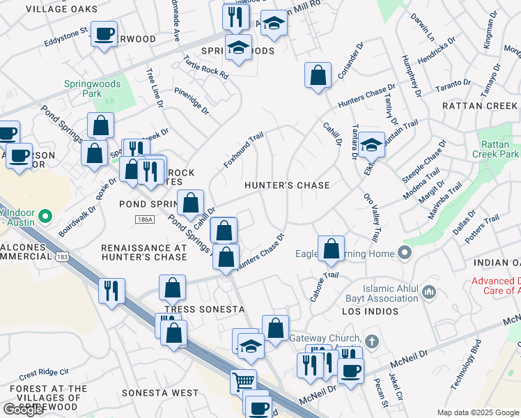 map of restaurants, bars, coffee shops, grocery stores, and more near 8519 Cahill Drive in Austin
