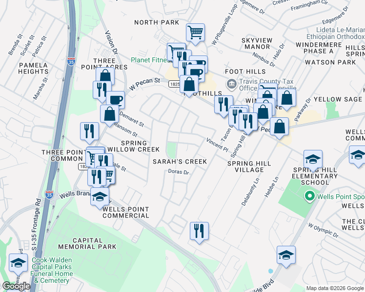 map of restaurants, bars, coffee shops, grocery stores, and more near 15308 Craig's Crest Path in Pflugerville