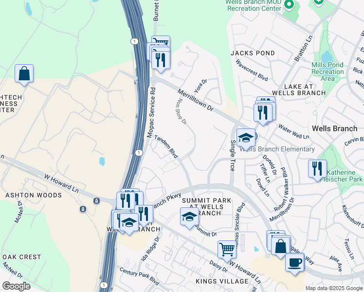 map of restaurants, bars, coffee shops, grocery stores, and more near 14305 Tandem Boulevard in Austin