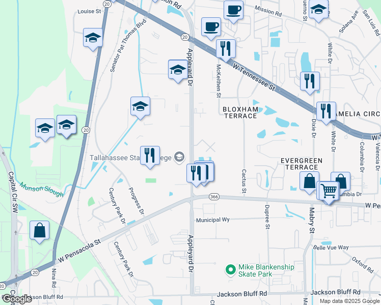 map of restaurants, bars, coffee shops, grocery stores, and more near 526 Appleyard Drive in Tallahassee