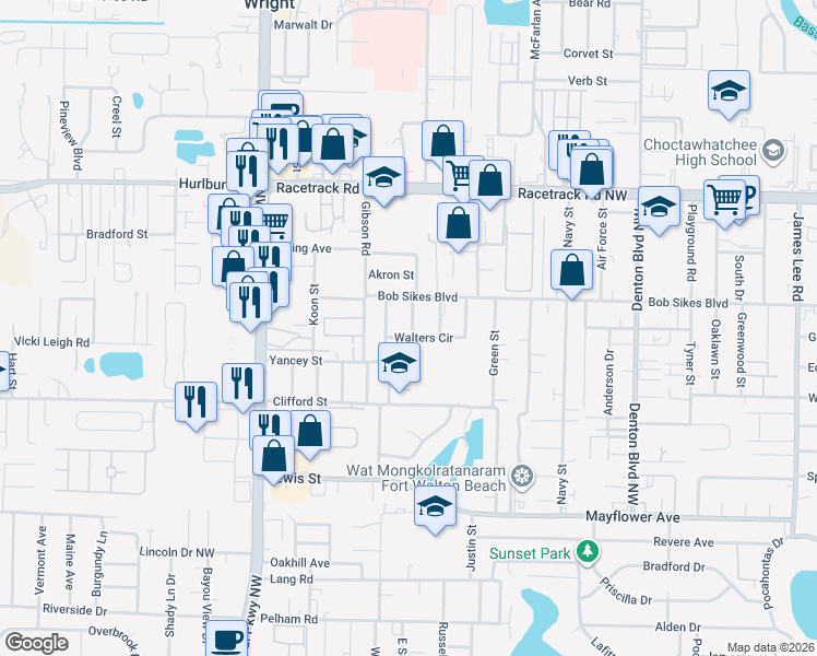 map of restaurants, bars, coffee shops, grocery stores, and more near 406 Walter Circle in Fort Walton Beach