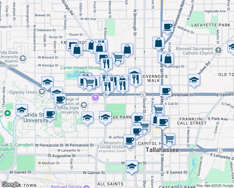 map of restaurants, bars, coffee shops, grocery stores, and more near 428 West Tennessee Street in Tallahassee