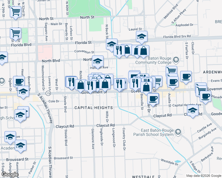 map of restaurants, bars, coffee shops, grocery stores, and more near 379 Wiltz Drive in Baton Rouge