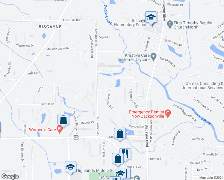 map of restaurants, bars, coffee shops, grocery stores, and more near 11553 Oak Lawn Road in Jacksonville