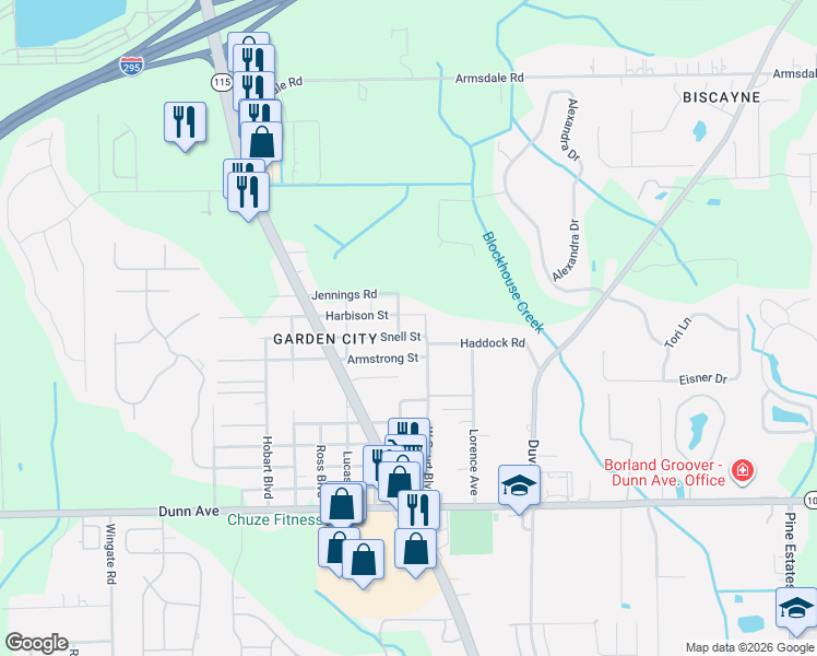map of restaurants, bars, coffee shops, grocery stores, and more near 11611 Raft Road in Jacksonville
