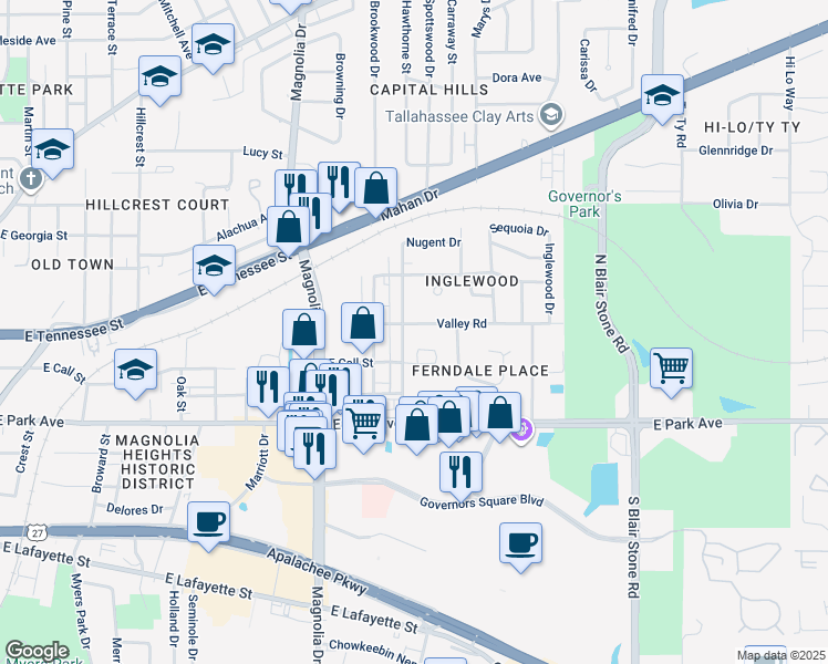 map of restaurants, bars, coffee shops, grocery stores, and more near 1506 Valley Road in Tallahassee