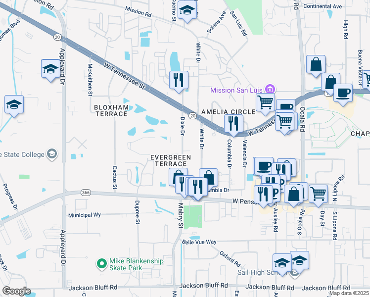 map of restaurants, bars, coffee shops, grocery stores, and more near 301 Dixie Drive in Tallahassee