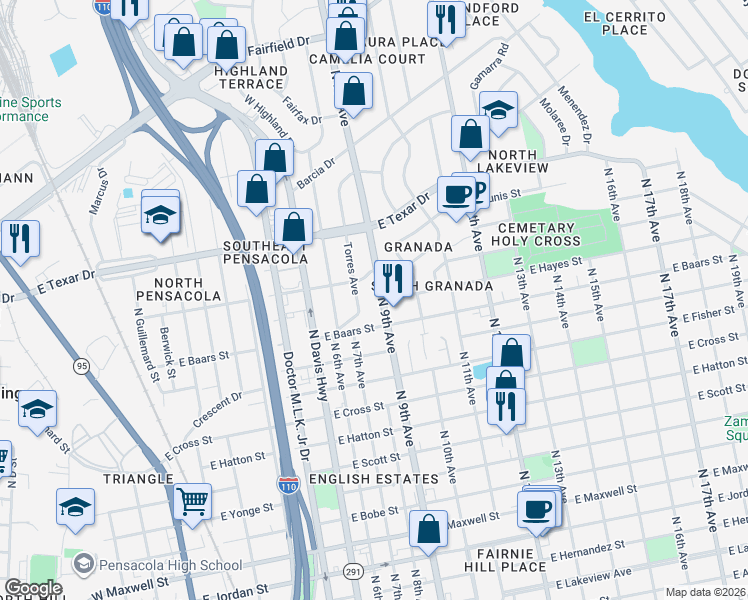 map of restaurants, bars, coffee shops, grocery stores, and more near 3010 Torres Avenue in Pensacola