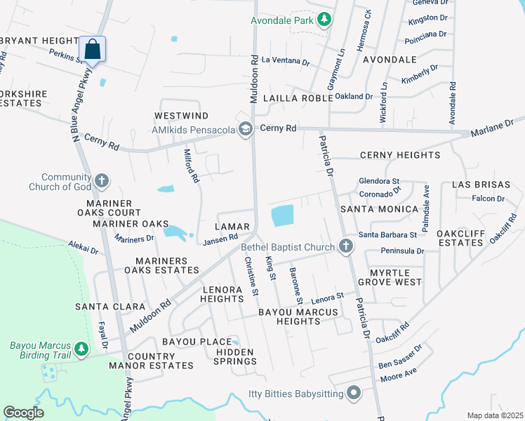 map of restaurants, bars, coffee shops, grocery stores, and more near 7440 Velma Drive in Pensacola
