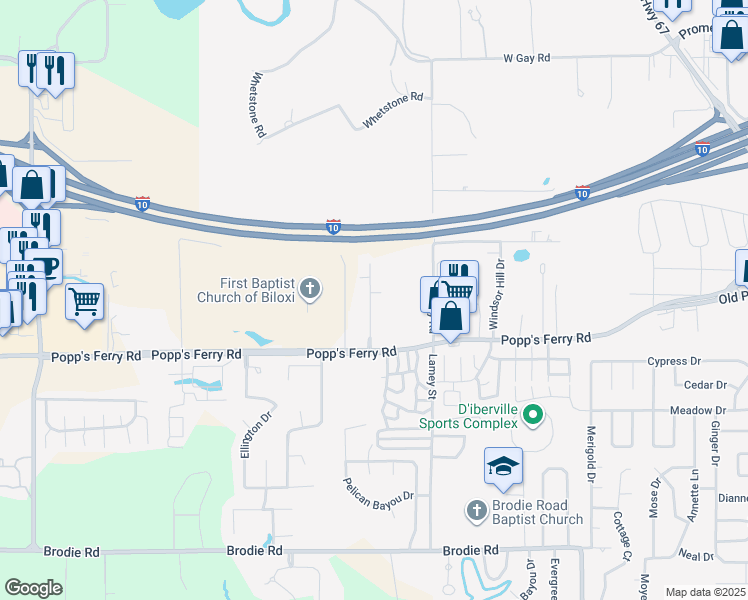 map of restaurants, bars, coffee shops, grocery stores, and more near 971 Greystone Drive in Biloxi