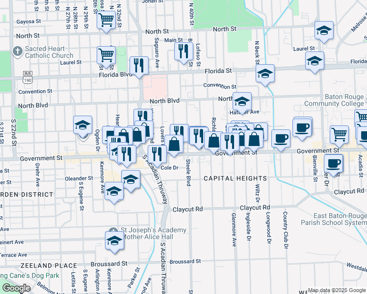 map of restaurants, bars, coffee shops, grocery stores, and more near 363 Steele Boulevard in Baton Rouge