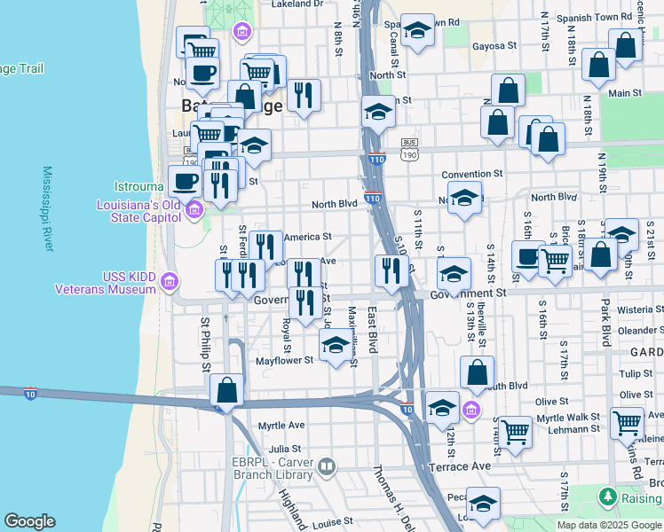 map of restaurants, bars, coffee shops, grocery stores, and more near 235 Grandpre Street in Baton Rouge