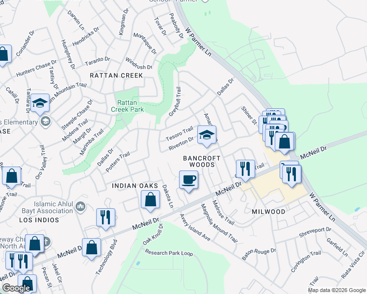 map of restaurants, bars, coffee shops, grocery stores, and more near 6914 Riverton Drive in Austin