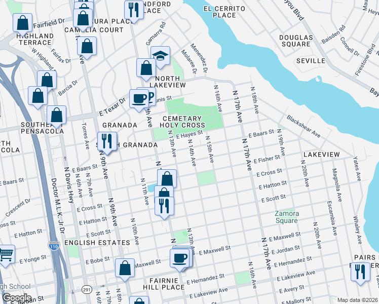 map of restaurants, bars, coffee shops, grocery stores, and more near 1363 East Baars Street in Pensacola