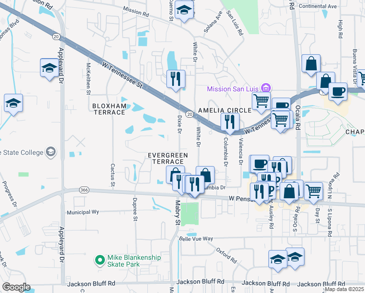 map of restaurants, bars, coffee shops, grocery stores, and more near 301 Dixie Drive in Tallahassee