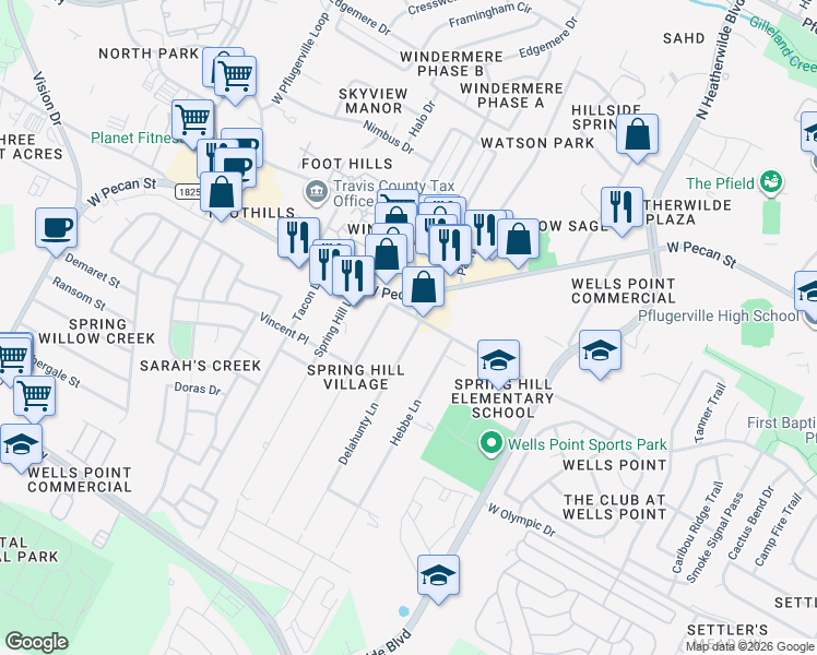 map of restaurants, bars, coffee shops, grocery stores, and more near 801b Old Austin Pflugerville Road in Pflugerville