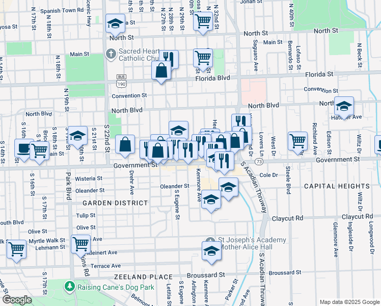map of restaurants, bars, coffee shops, grocery stores, and more near 2825 Government Street in Baton Rouge