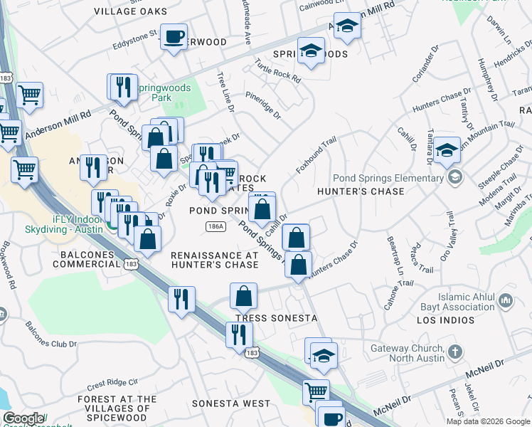 map of restaurants, bars, coffee shops, grocery stores, and more near 8518 Cahill Drive in Austin