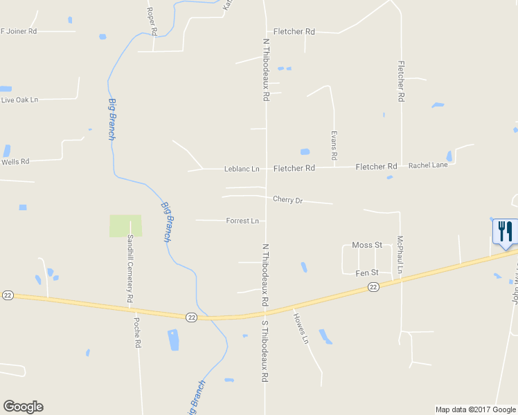 map of restaurants, bars, coffee shops, grocery stores, and more near 40201 North Thibodeaux Road in Ponchatoula