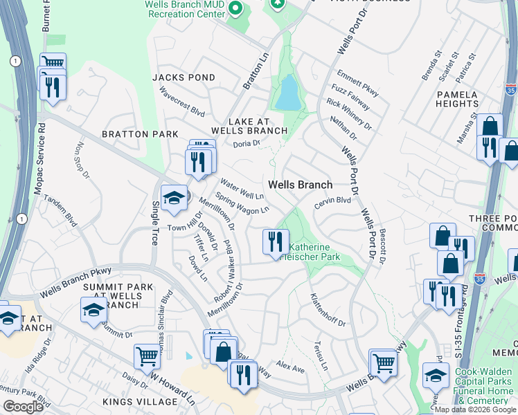 map of restaurants, bars, coffee shops, grocery stores, and more near 14801 Great Willow Drive in Austin