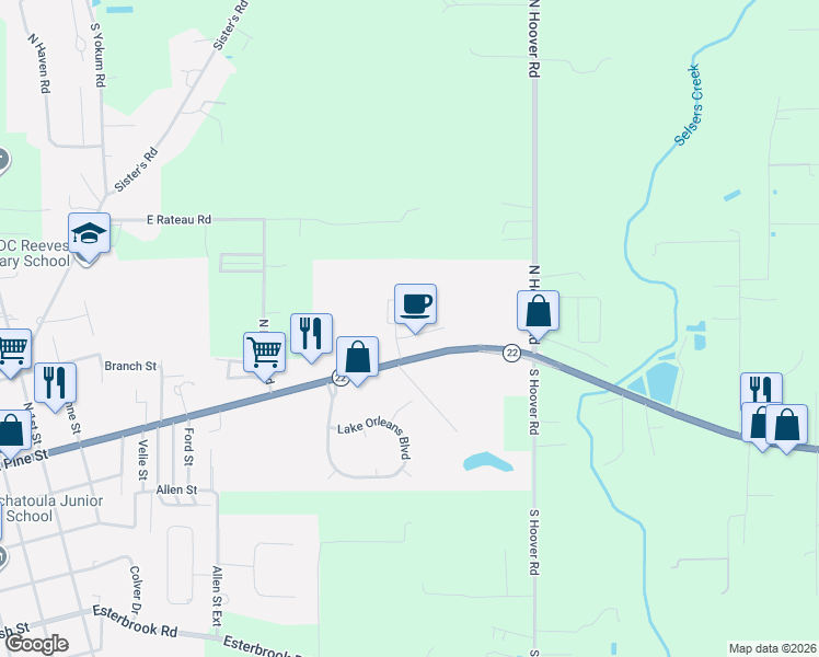 map of restaurants, bars, coffee shops, grocery stores, and more near 127A Village Oaks Boulevard in Ponchatoula