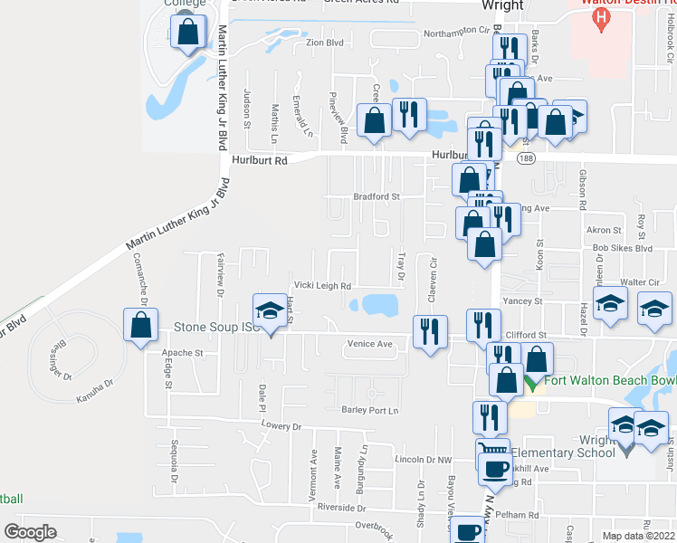 map of restaurants, bars, coffee shops, grocery stores, and more near 936 Ibis Way in Fort Walton Beach