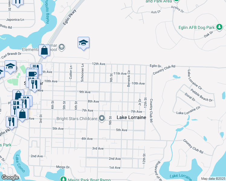 map of restaurants, bars, coffee shops, grocery stores, and more near 70 9th Street in Shalimar