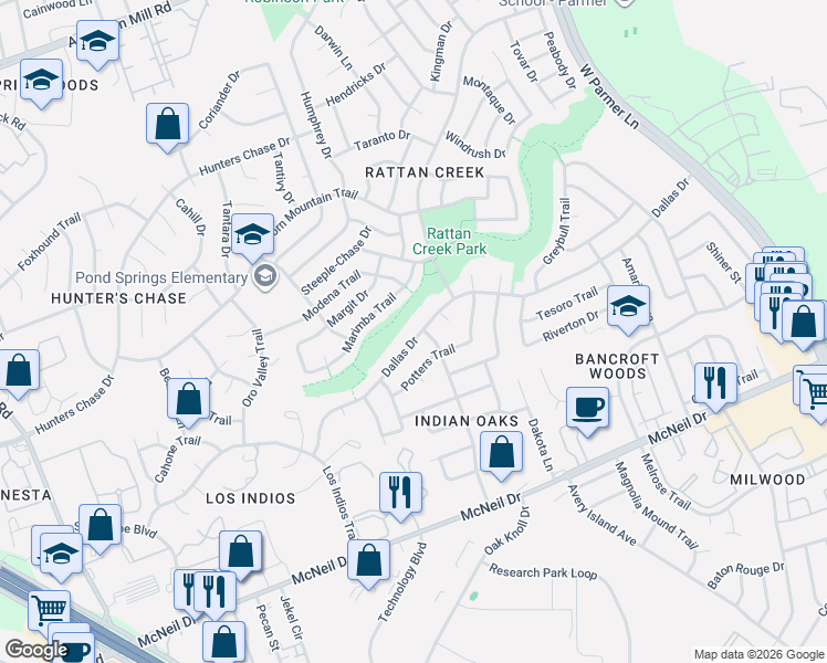 map of restaurants, bars, coffee shops, grocery stores, and more near 7412 Dallas Drive in Austin