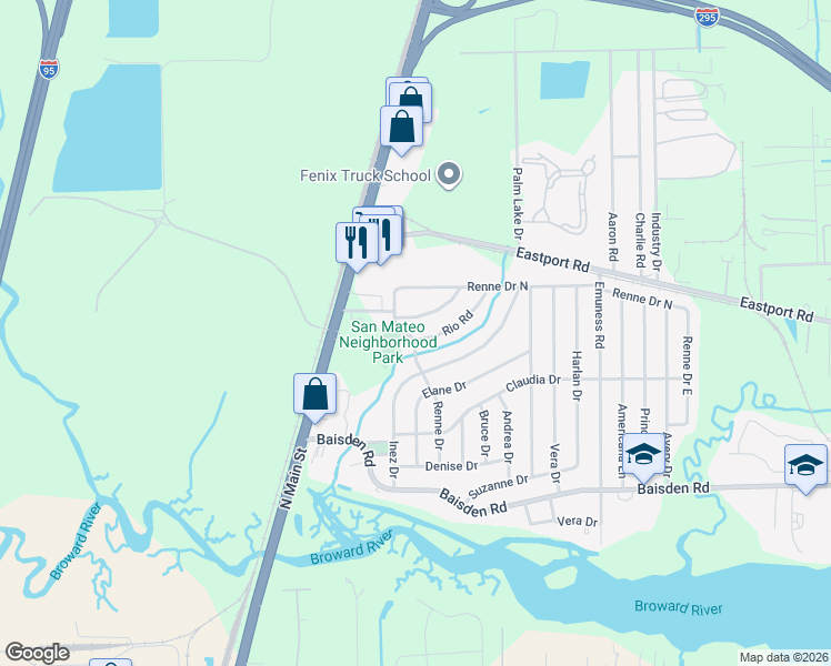 map of restaurants, bars, coffee shops, grocery stores, and more near 205 Sara Drive in Jacksonville