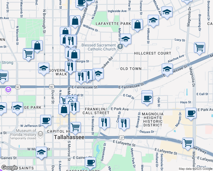 map of restaurants, bars, coffee shops, grocery stores, and more near 550 East Tennessee Street in Tallahassee