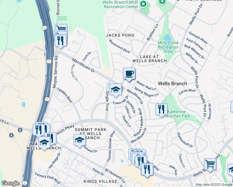 map of restaurants, bars, coffee shops, grocery stores, and more near 14650 Merriltown Road in Austin
