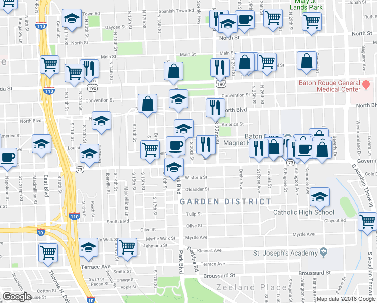 map of restaurants, bars, coffee shops, grocery stores, and more near 330 South 19th Street in Baton Rouge
