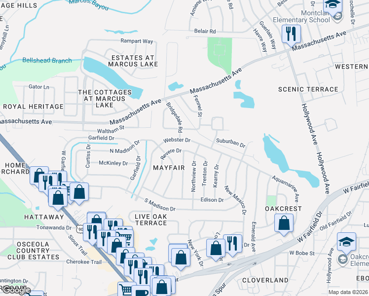 map of restaurants, bars, coffee shops, grocery stores, and more near 1107 Trenton Drive in Pensacola