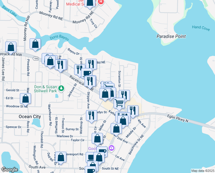 map of restaurants, bars, coffee shops, grocery stores, and more near 101 David Street in Fort Walton Beach