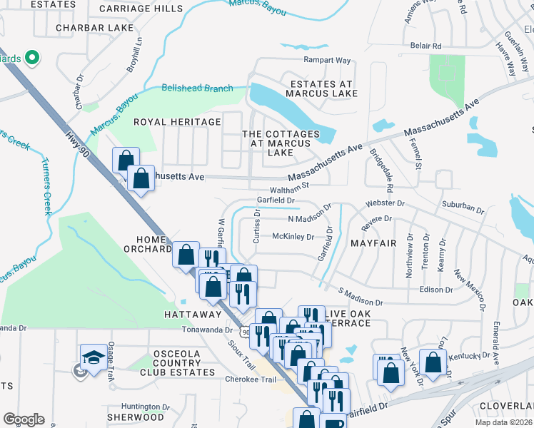 map of restaurants, bars, coffee shops, grocery stores, and more near 202 North Madison Drive in Pensacola