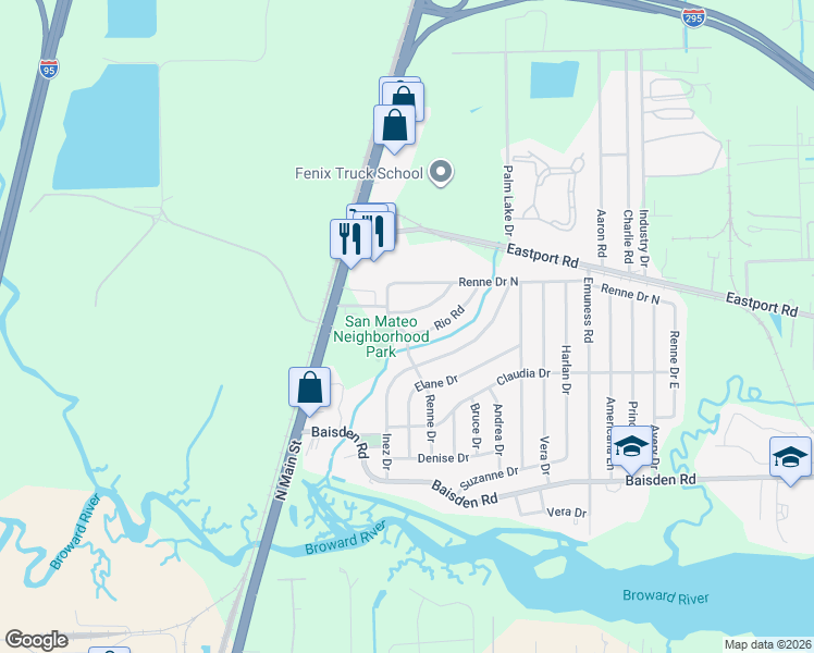 map of restaurants, bars, coffee shops, grocery stores, and more near 205 Sara Drive in Jacksonville