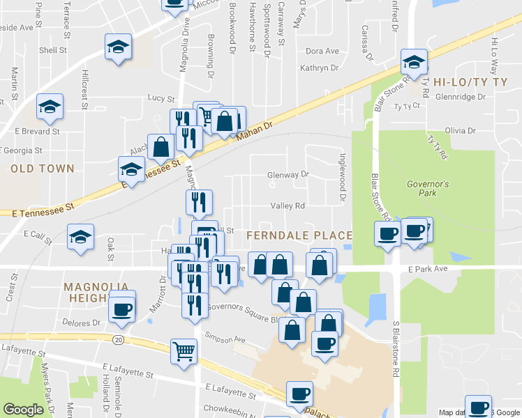 map of restaurants, bars, coffee shops, grocery stores, and more near 1506 Valley Road in Tallahassee