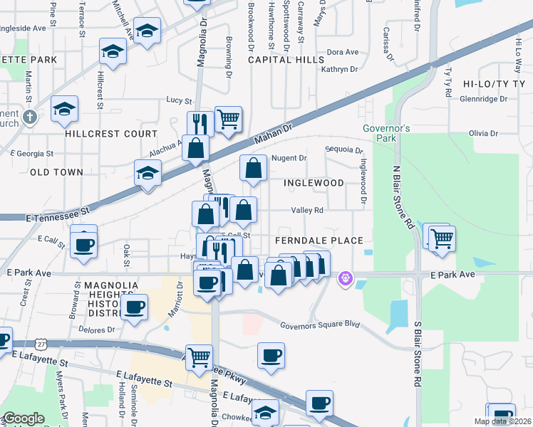 map of restaurants, bars, coffee shops, grocery stores, and more near 1506 Valley Road in Tallahassee