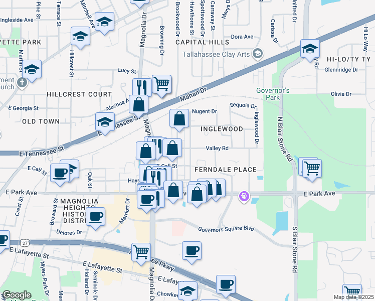 map of restaurants, bars, coffee shops, grocery stores, and more near 327 Office Plaza Drive in Tallahassee