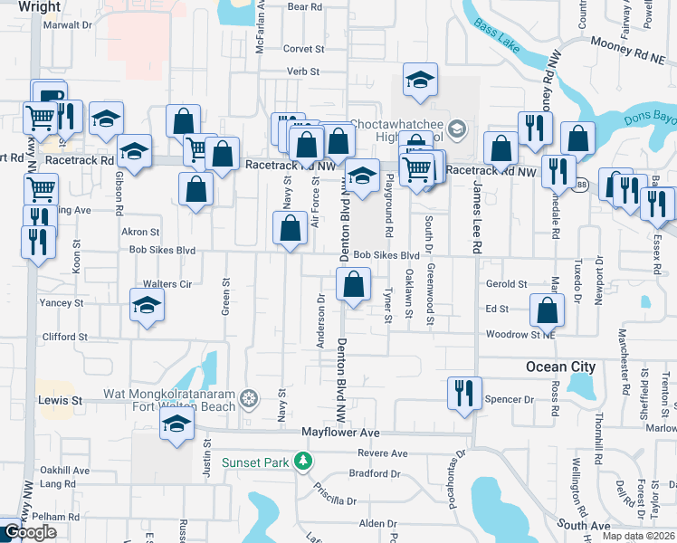 map of restaurants, bars, coffee shops, grocery stores, and more near 700 Denton Boulevard Northwest in Fort Walton Beach